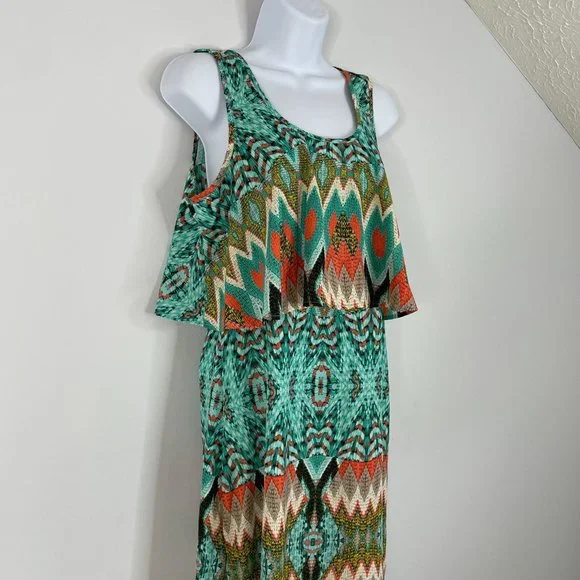 Altar'd State Dress M Aqua Coral Southwest Aztec Flowy Comfortable Maxi Long - Picture 3 of 13